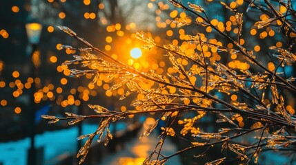 Icy Branches  Golden Bokeh Lights  Winter Sunset  Festive Background