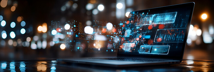 Digital Cityscape, Data Streams Flowing on Laptop Screen at Night