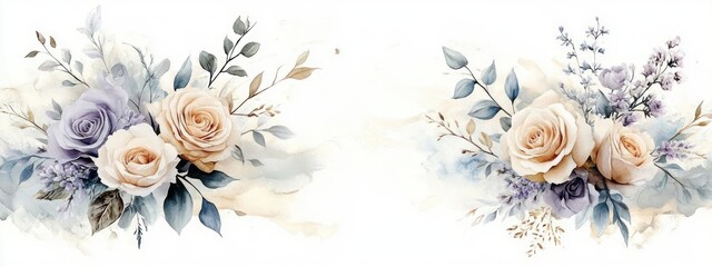 Watercolor floral arrangement soft lavender cream roses greenery illustration collection decoration design background