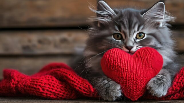 Sweet and cozy Valentine's Day postcard gray cat with a red knitted heart in its paws, festive background with copy space for greetings.