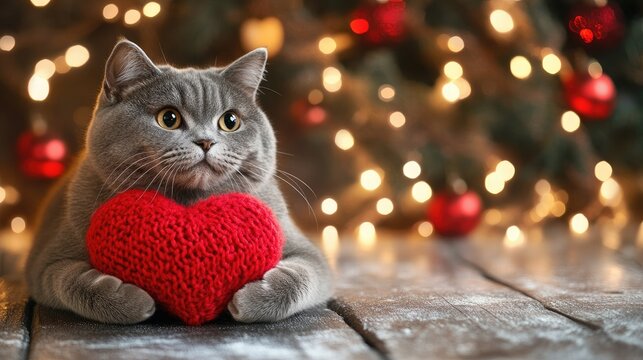 Sweet and cozy Valentine's Day postcard gray cat with a red knitted heart in its paws, festive background with copy space for greetings. - Powered by Adobe