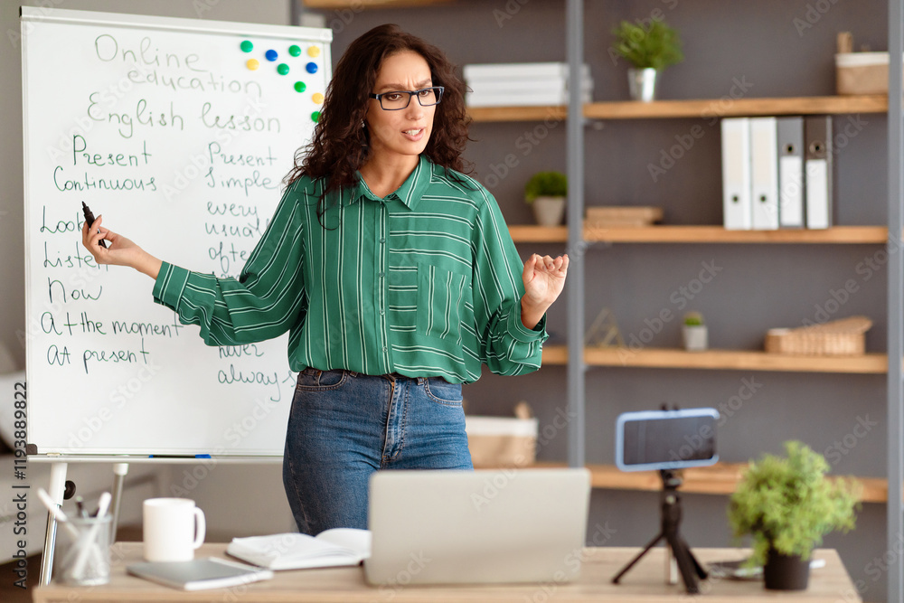 Poster online learning. portrait of young lady teacher in glasses pointing at whiteboard, explaining gramma