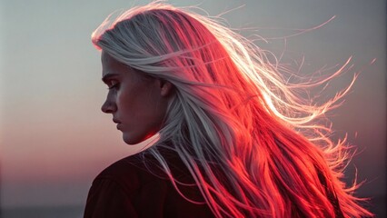 A profile view of a person with long flowing silver hair dramatically lit with a deep crimson hue. The contrasting light brings out the shimmering highlights in the hair creating a