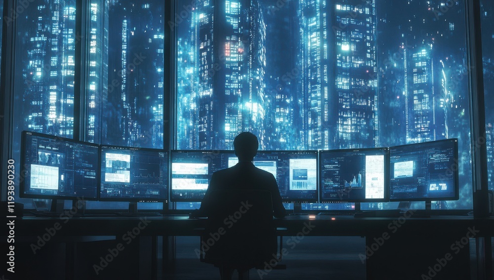 Poster atmospheric night view of a person working in a modern office surrounded by multiple screens and a f