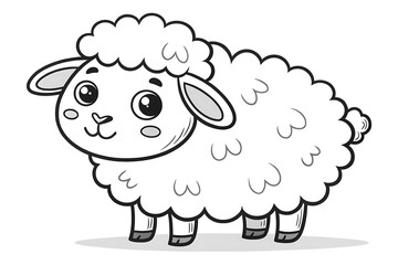 Obraz premium Cute cartoon sheep character with fluffy wool, big eyes, and a friendly expression, perfect for children’s illustrations and educational materials in black and white style.