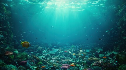 Obraz premium Underwater Scene Showing Marine Life Amongst Ocean Pollution Debris