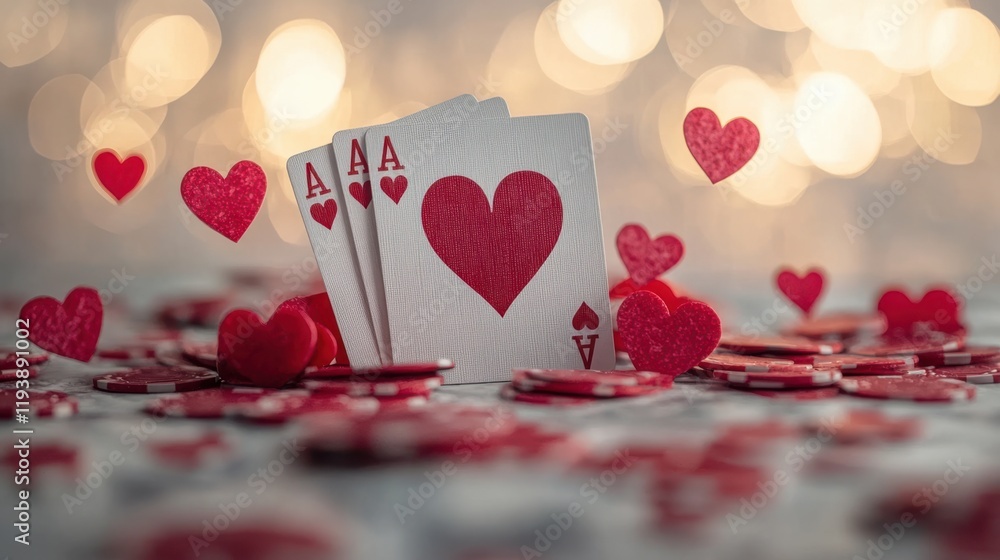 Poster close-up of three playing cards with heart symbols surrounded by red heart shapes on a soft bokeh ba