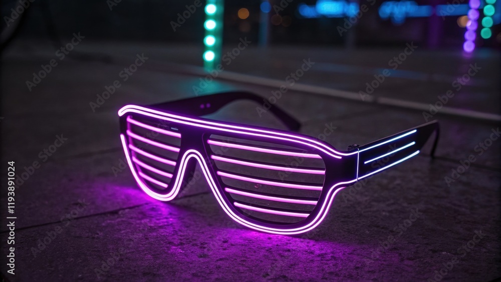 Poster a striking set of glasses with a bold visor shape enhanced by pulsing purple neon lights embedded wi