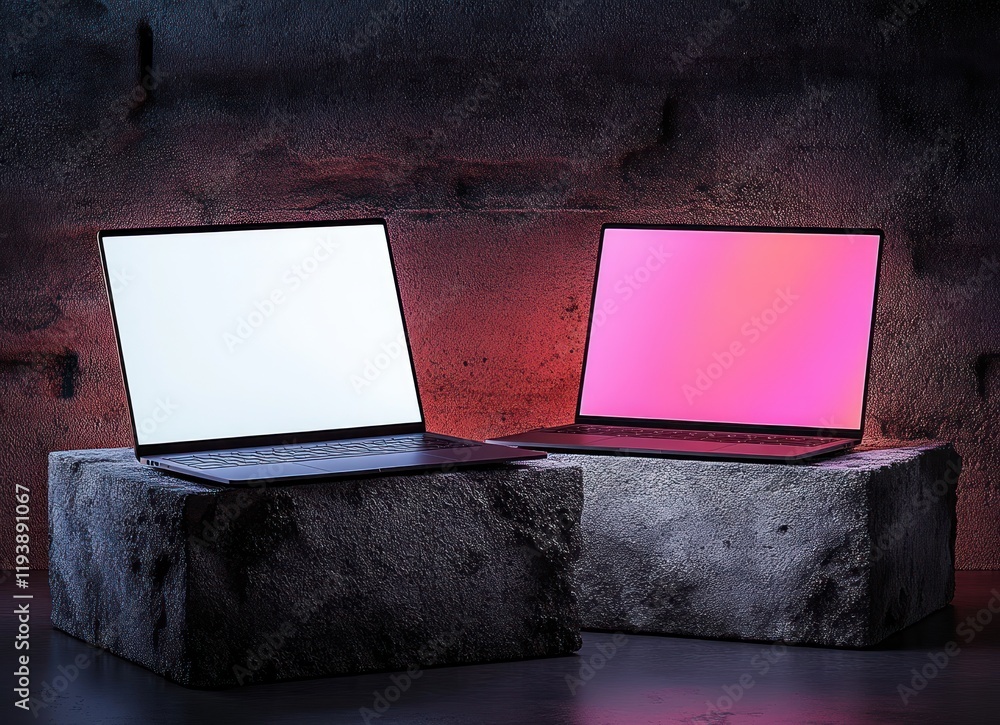 Poster minimalist still life composition with two modern laptops on concrete blocks in dark scene