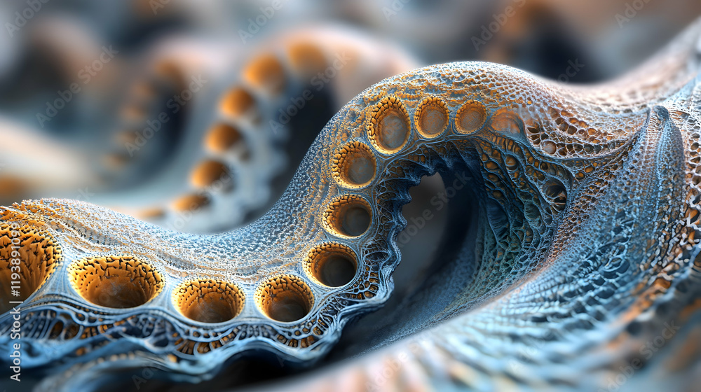 Fototapete intricate fractal surface, a blue and gold organic structure with pores and deep textures, exuding a