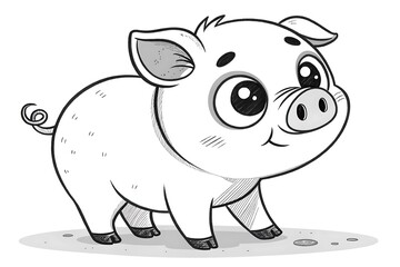 Charming Cartoon Piglet with Big Eyes and Playful Expression, Captured in a Cute Black and White Illustration, Perfect for Children's Books and Educational Materials