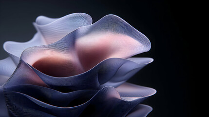Abstract Fabric Drapery, Soft Waves of Lavender and Rose, Gracefully Cascading in a Dark Setting.