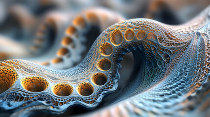Intricate Fractal Surface, A Blue and Gold Organic Structure with Pores and Deep Textures, Exuding a sense of mystery and complexity.