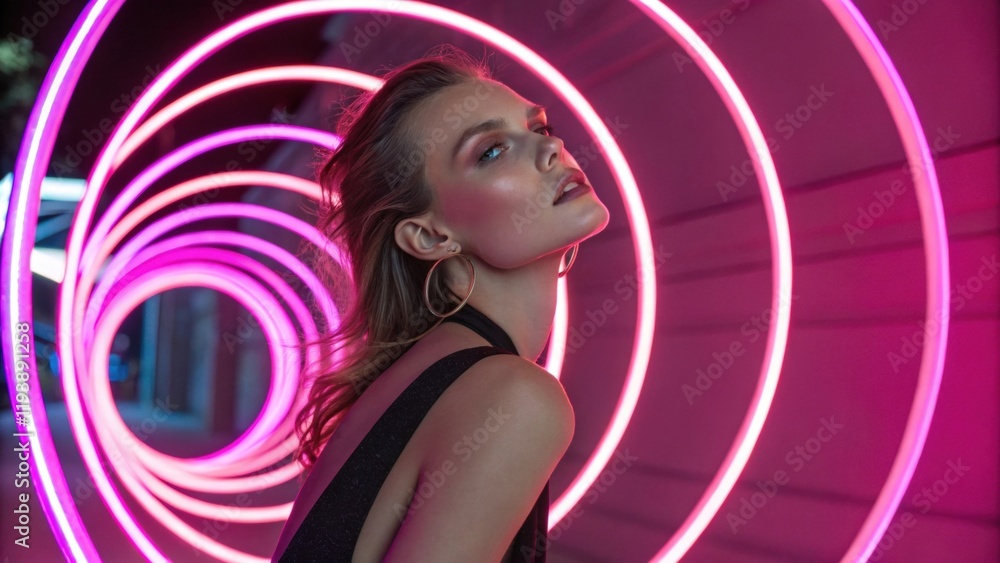 Poster a striking image showcasing a model with multiple neon pink accent rings encircling their shoulders 