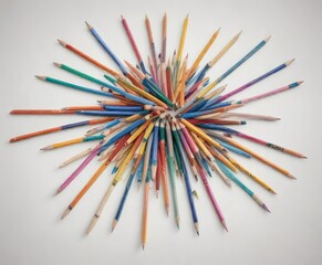 a box of colored sharpened pencils scattered on a clean white surface , colored pencils, art supplies, stationery