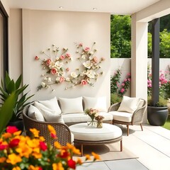 Elegant patio setting with floral wall art and wicker furniture