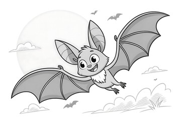 Cute cartoon bat flying happily against a clear sky with clouds and a large moon, perfect for children's illustrations, Halloween themes, or educational materials.