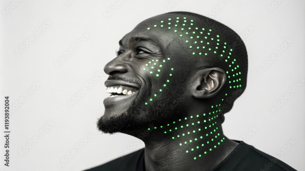 Poster a striking image of a man with a charismatic smile his face adorned with tiny green neon dots that r