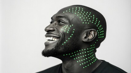 A striking image of a man with a charismatic smile his face adorned with tiny green neon dots that radiate from his temples to the chin. The luminescent dots highlight his strong