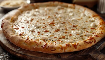 A close-up of a white pizza with a crispy crust and melted cheese.