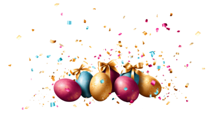 Festive Easter Eggs with Gold Bows and Confetti