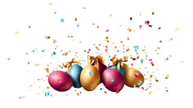 Festive Easter Eggs with Gold Bows and Confetti
