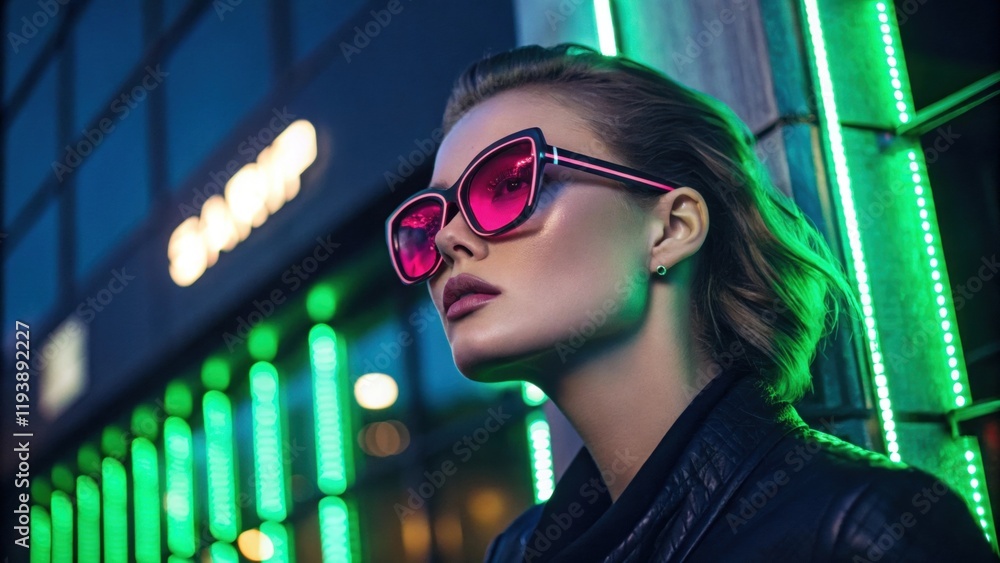 Poster a striking image of a model wearing sharp square glasses with intense pink lenses. the neon green li