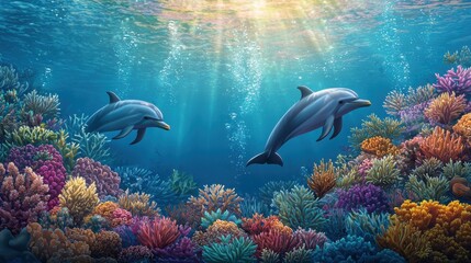 Fototapeta premium Two Dolphins Swimming Over Colorful Coral Reef Underwater Scene