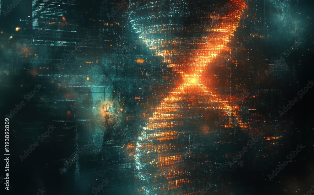 Poster digital representation of a sci-fi concept with data streams and glowing dna helix in an abstract ba