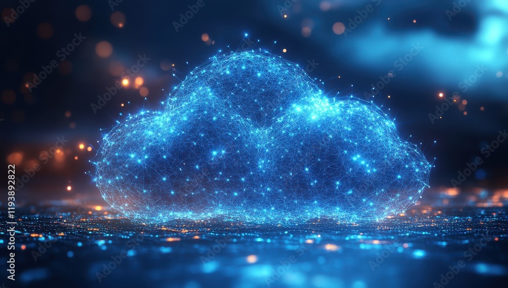Poster digital representation of a luminous cloud symbolizing data storage and connectivity in a futuristic