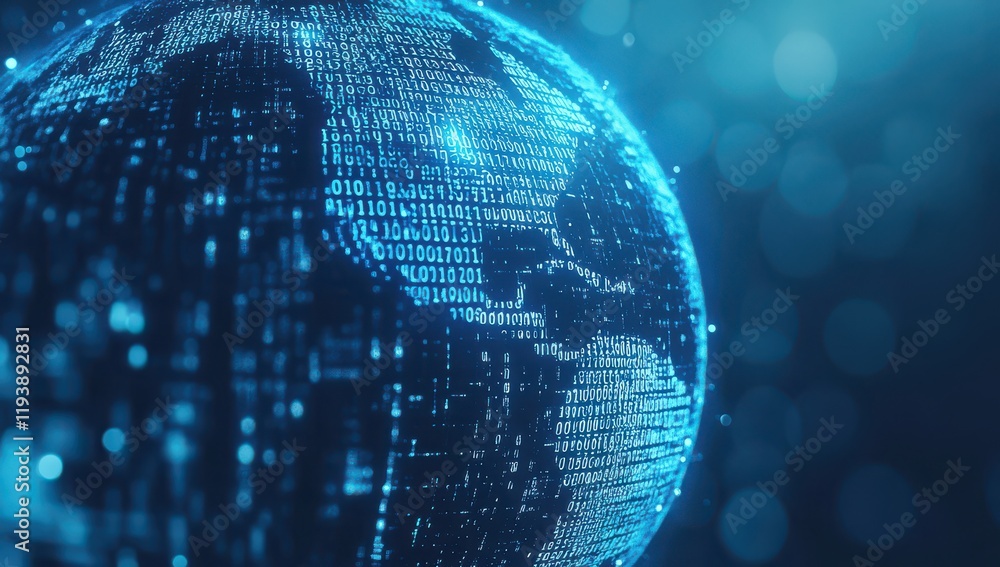 Poster digital representation of planet earth with binary code in blue tones, illustrating global connectiv