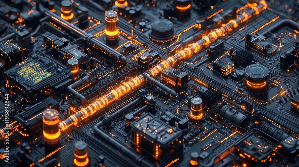 Aufkleber abstract futuristic circuit board: glowing orange pipelines and complex technological network