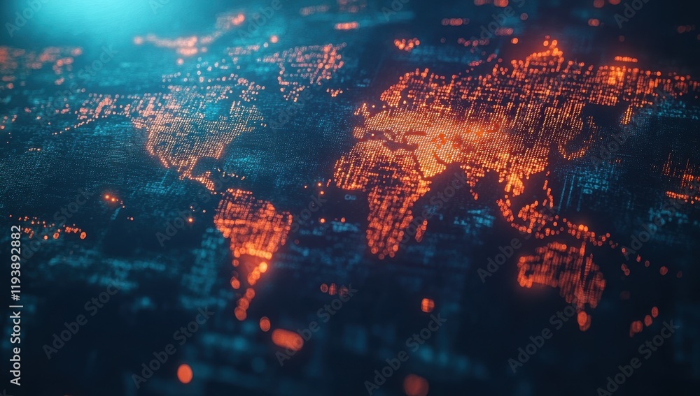 Poster digital visualization of a world map with glowing orange lines and abstract data patterns representi