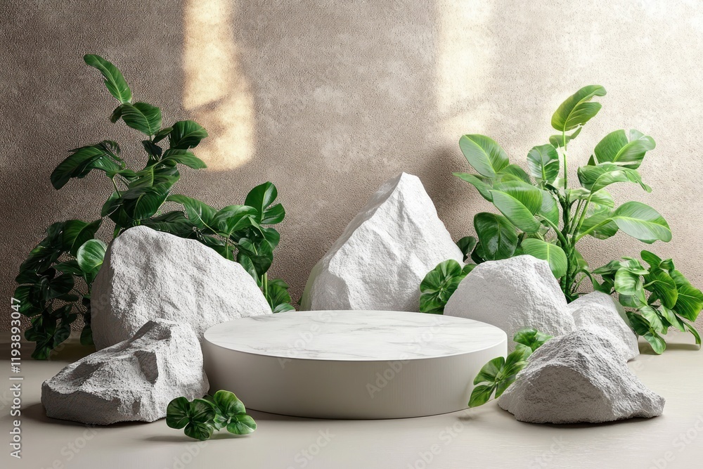 Poster minimalist stone pedestal display with green leaves on soft brown background 3d rendering