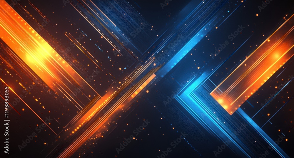 Poster dynamic abstract background with striking orange and blue lines creating motion and energy in a futu