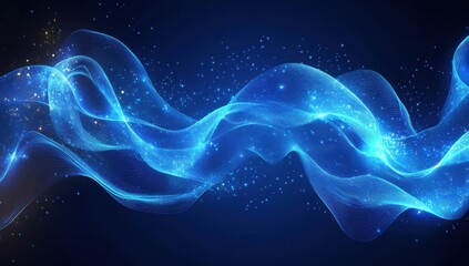 Obraz premium Dynamic Blue Waves with Sparkling Particles in a Dark Background Creating a Sense of Movement and Fluidity for Abstract Design Projects