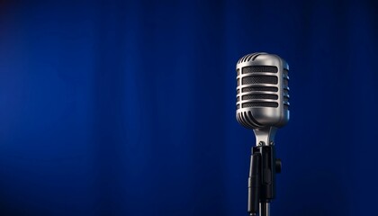 Retro Silver Microphone on Blue Background Vintage Broadcast Podcast Music Recording Studio Concept