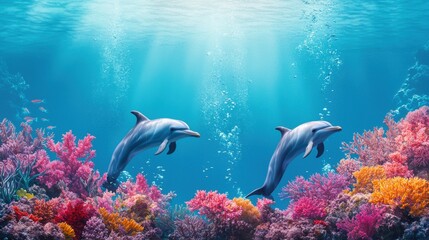 Fototapeta premium Dolphins Swimming Among Vibrant Coral Reef Underwater Scene