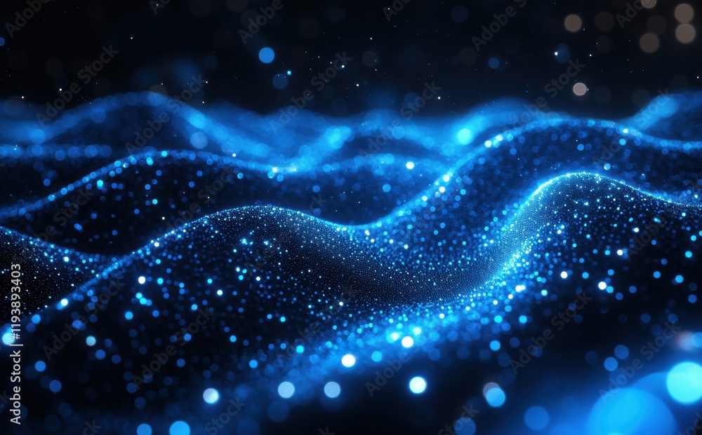 Poster enchanting abstract blue waves with shimmering particles capturing the essence of movement and light