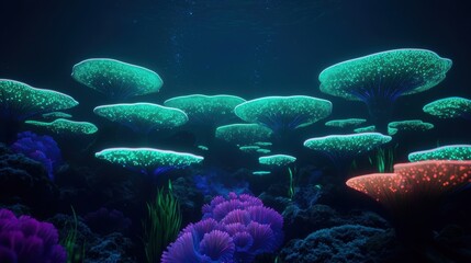 Fototapeta premium Colorful Glowing Coral Forest Underwater Scene in Ocean Depths