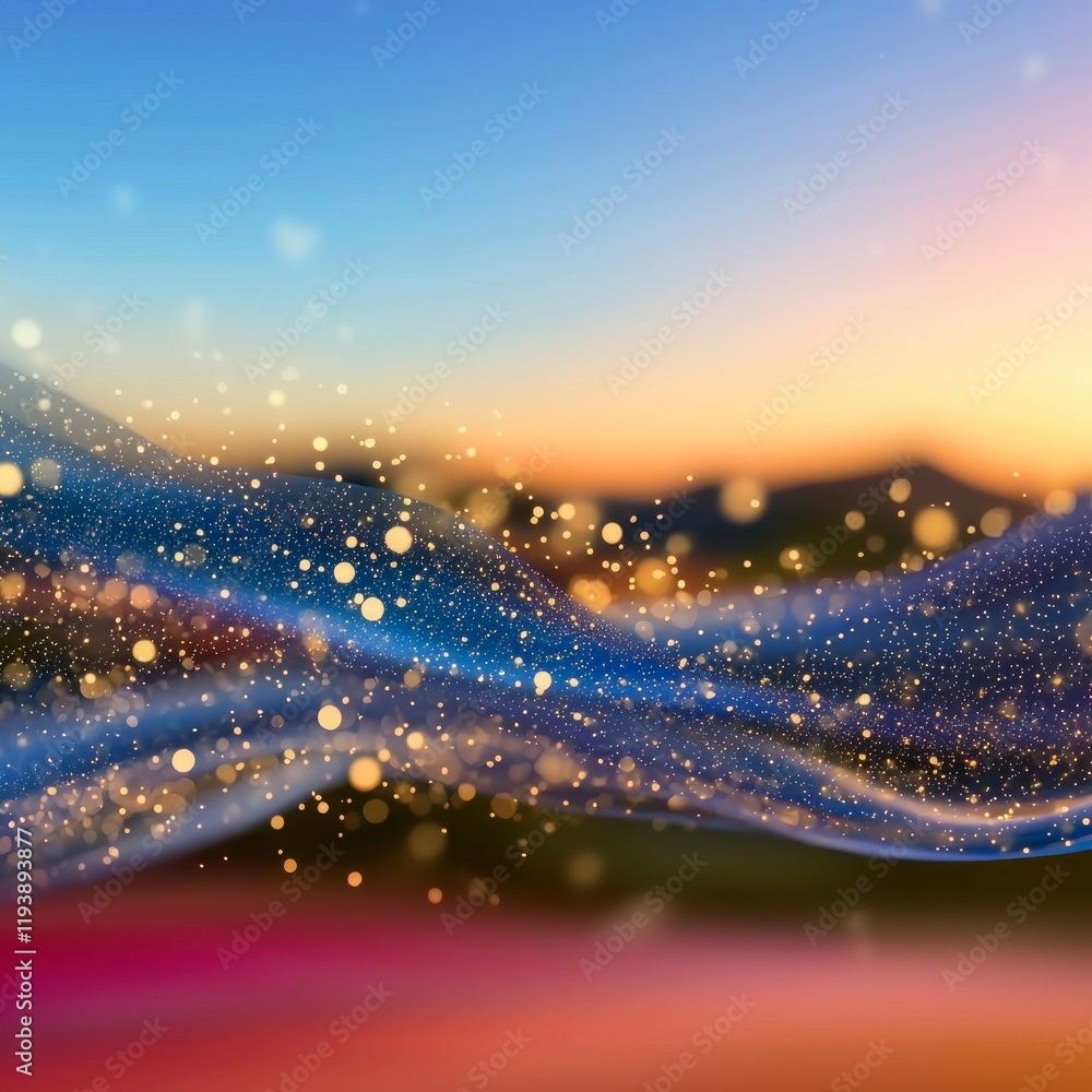 Poster ethereal blue particle wave background bokeh sunset sparkle glow