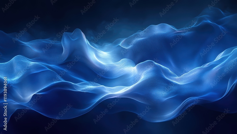 Poster Ethereal Blue Waves Flowing Smoothly Across a Dark Background in an Abstract Representation of Fluid Motion and Light Reflections