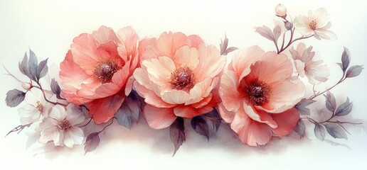 Obraz premium Watercolor Floral Arrangement Template Collection Wedding Invitation Greeting Card Background with Pink Peonies and White Blossoms