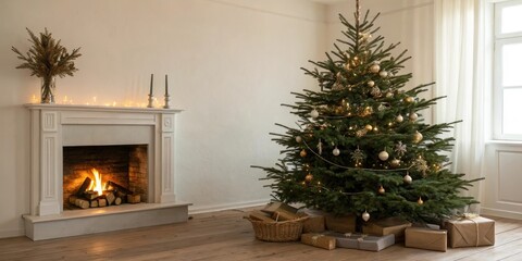 A cozy fir tree in a living room with a fireplace, warm glow, inviting scene, fir trees