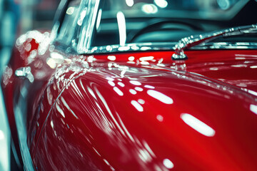 A close-up of a shiny red car highlighting its smooth curves and reflections.