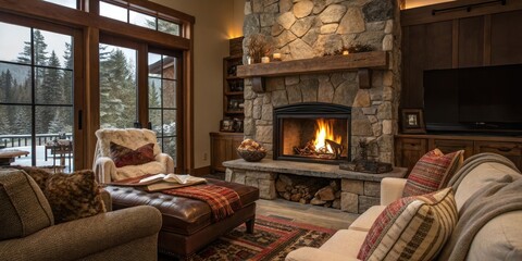 A crackling fireplace is the centerpiece of a cozy living room filled with comfortable furniture and plush textiles, peaceful scene, comfy furniture, cozy fireplace