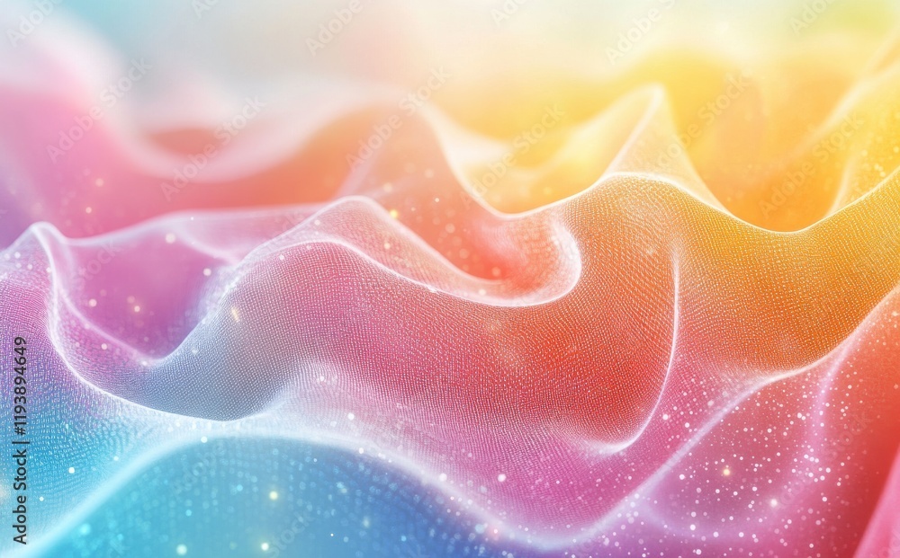 Poster ethereal flow of colorful fabrics with glittering particles creating a dreamy background for abstrac