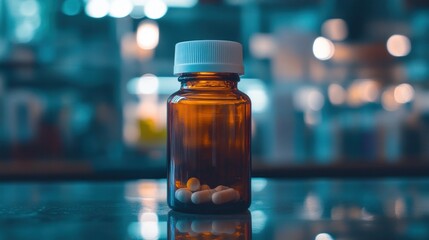 Amber Pill Bottle on a Table with a Blurred Background