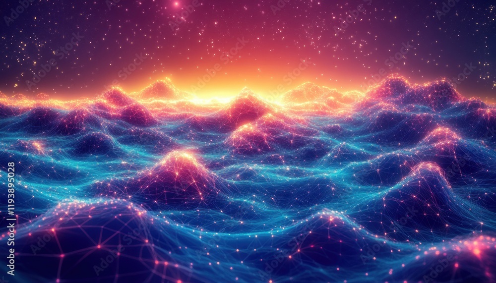 Poster futuristic digital ocean abstract background with glowing nodes and geometric shapes