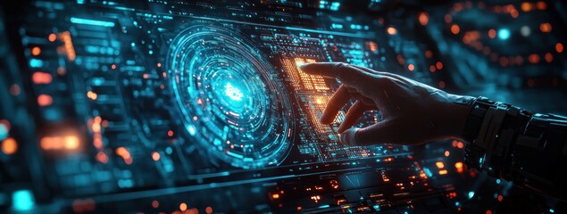 Hand Interacting with Digital Business Analytics Dashboard and KPI Financial Charts in Cyberpunk Style